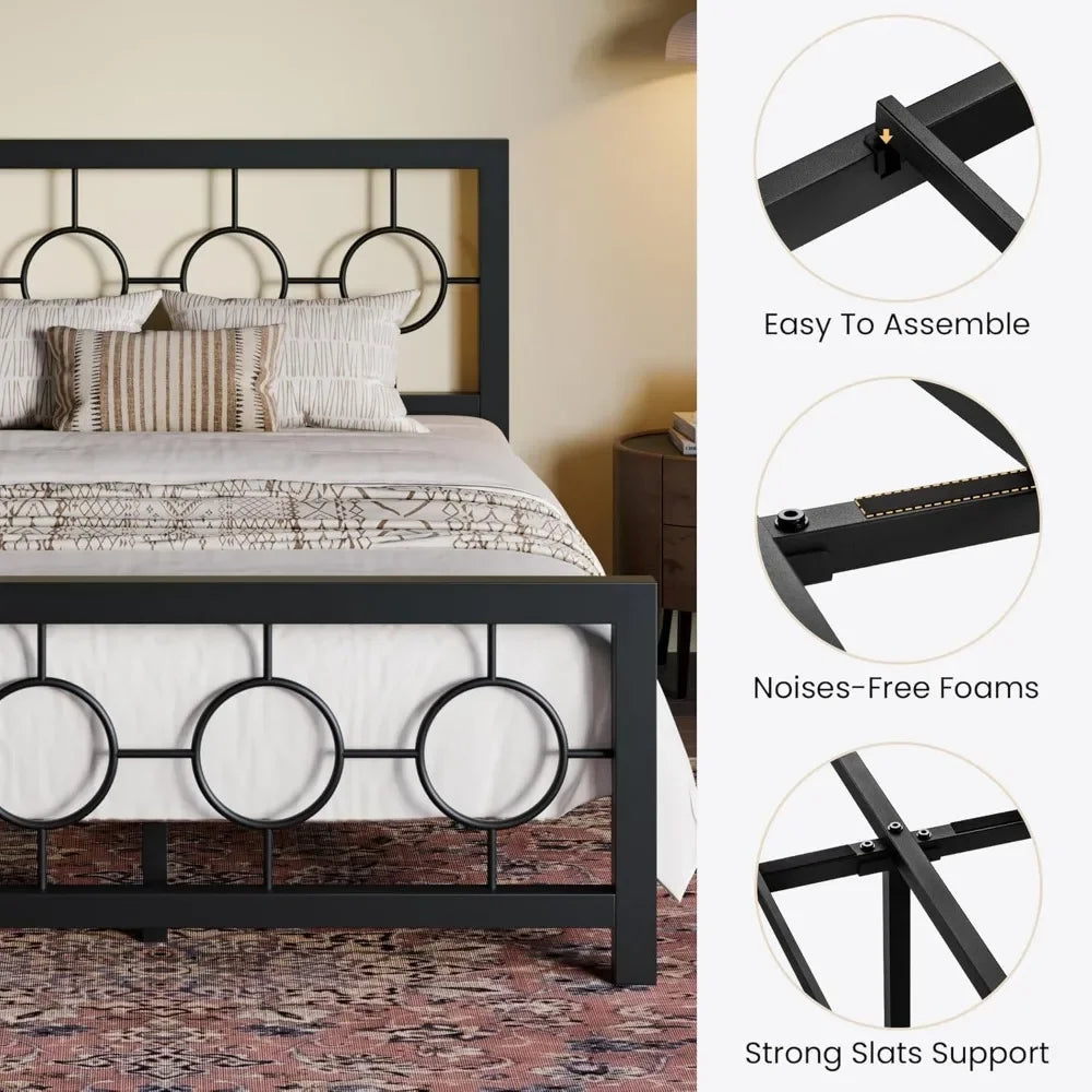 Bed Frame with Vintage Circular Design Headboard and Footboard, No Box Spring Required, Easy Assembly, Noise-Free