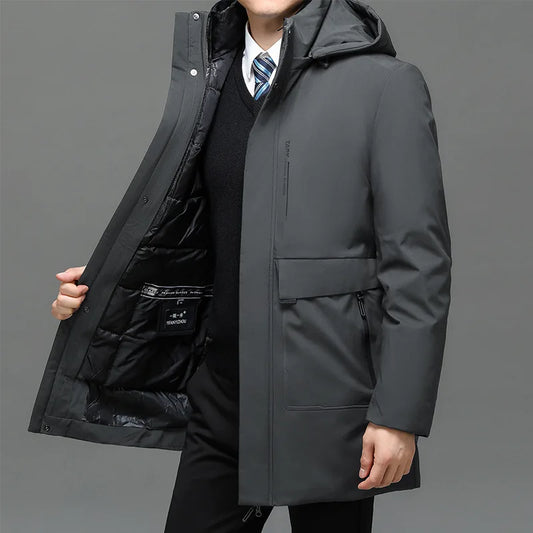 Men's Thick Winter Parka with Big Hood Warm Water/Windproof Casual Jacket White Duck down Filling Zip Closure Long Style