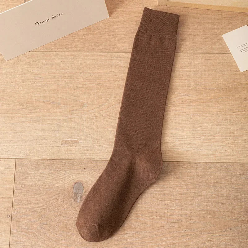 Women's Soft Cotton Knee High Long Socks Black White Solid Calf