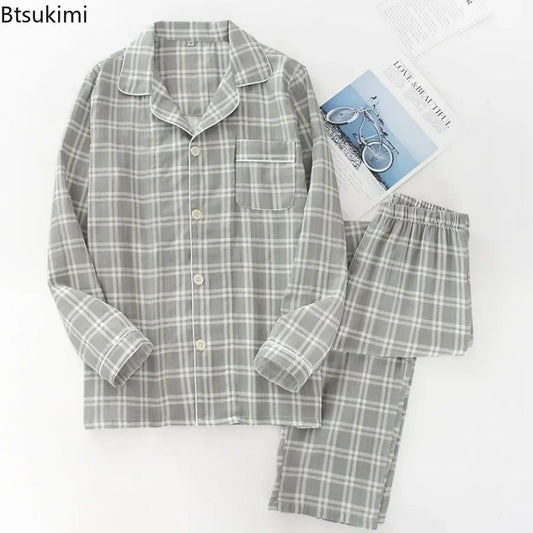 Men's Pajamas Sets Long-sleeved Cardigan Tops and Trousers 100% Cotton Double Gauze Lattice Sleepwear