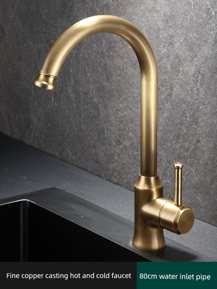 Retro Copper Antique Kitchen Faucet Hot and Cold Wash Basin Sink Pull-out Rotate