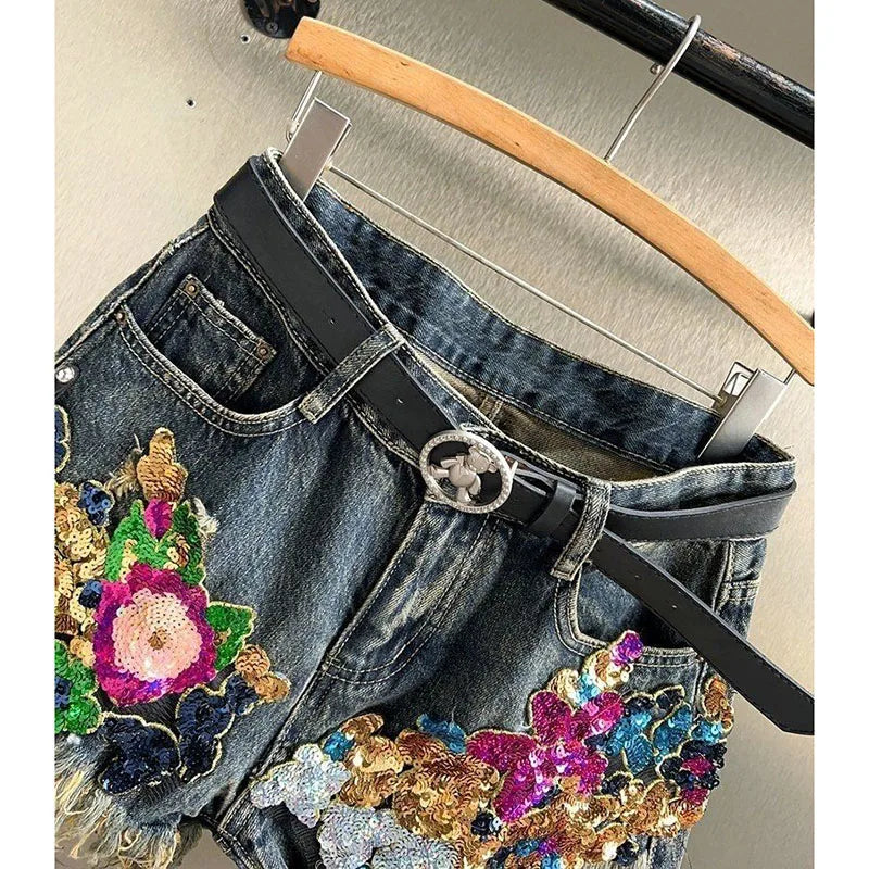 Women Sequin Floral Print Denim Shorts