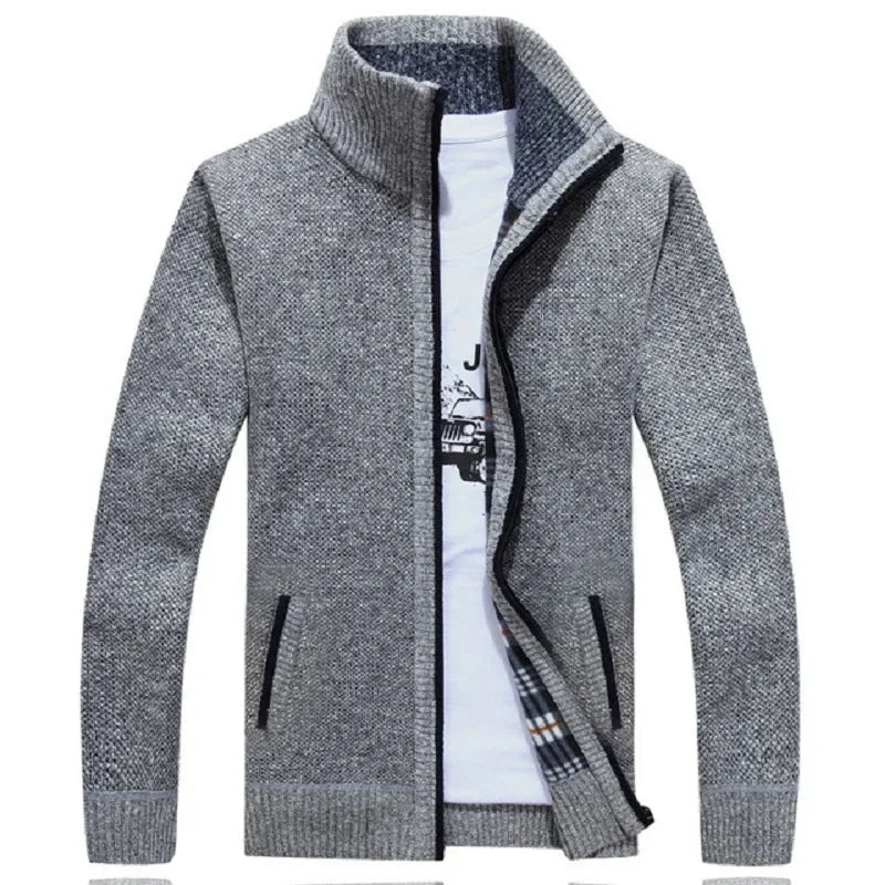 Winter Men's Knitted Sweater Coat Long Sleeve Thick Cardigan Fleece Zipper Causal Solid Color
