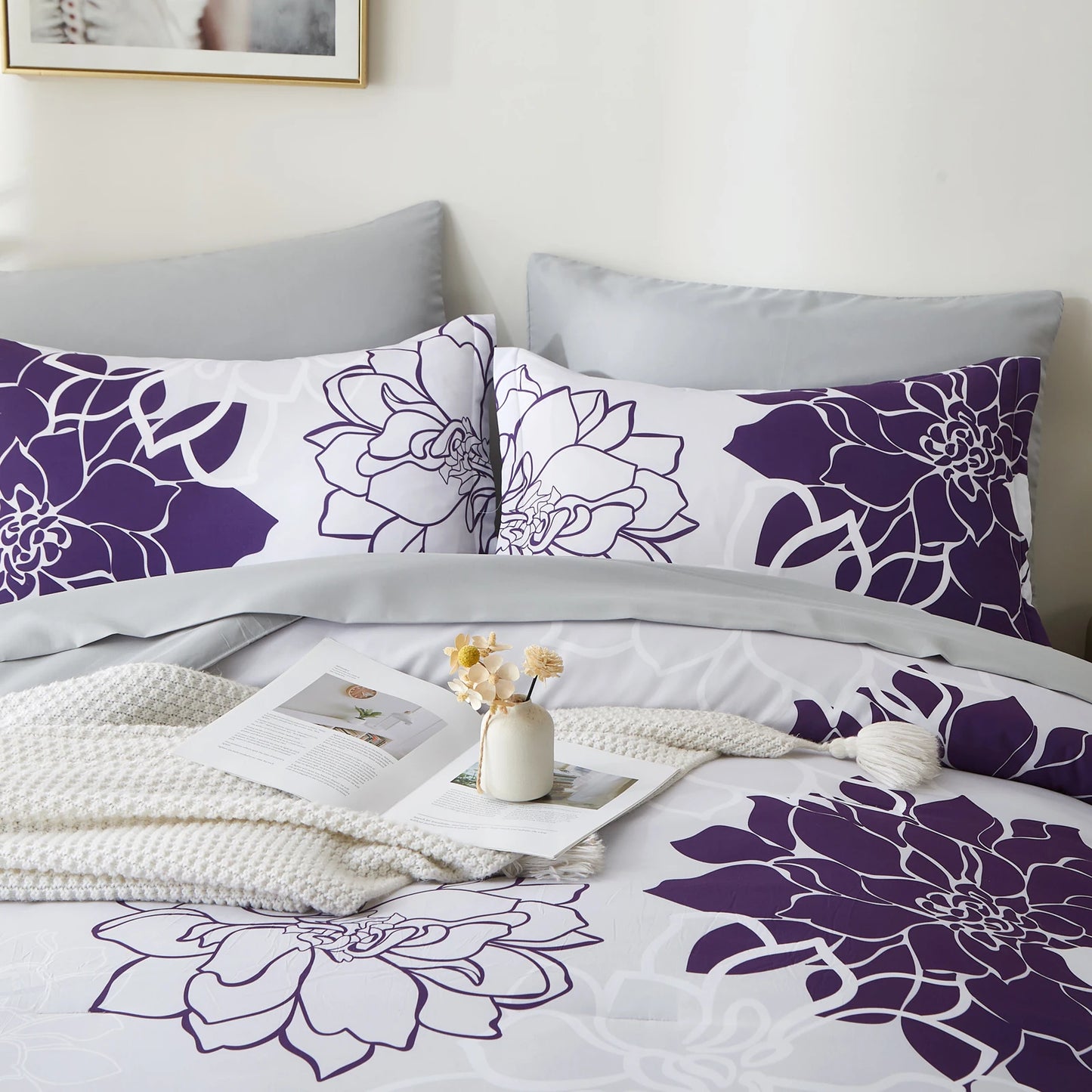 Comforter Set - 7 Pieces Floral Bedding Sets with Reversible Botanical Flowers