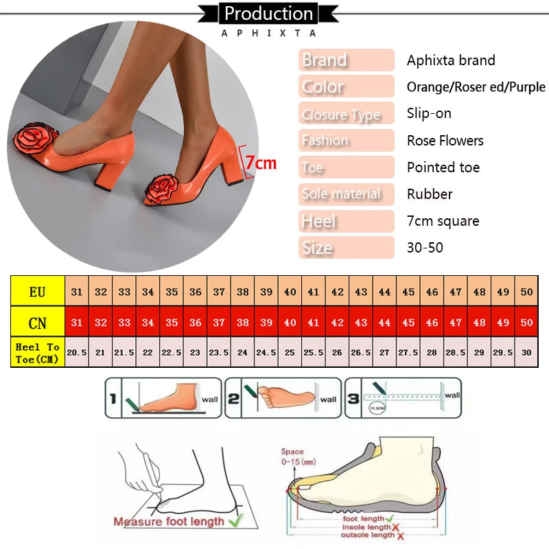 Big Flower Rose 7cm Square Heels Pumps Women Shoes