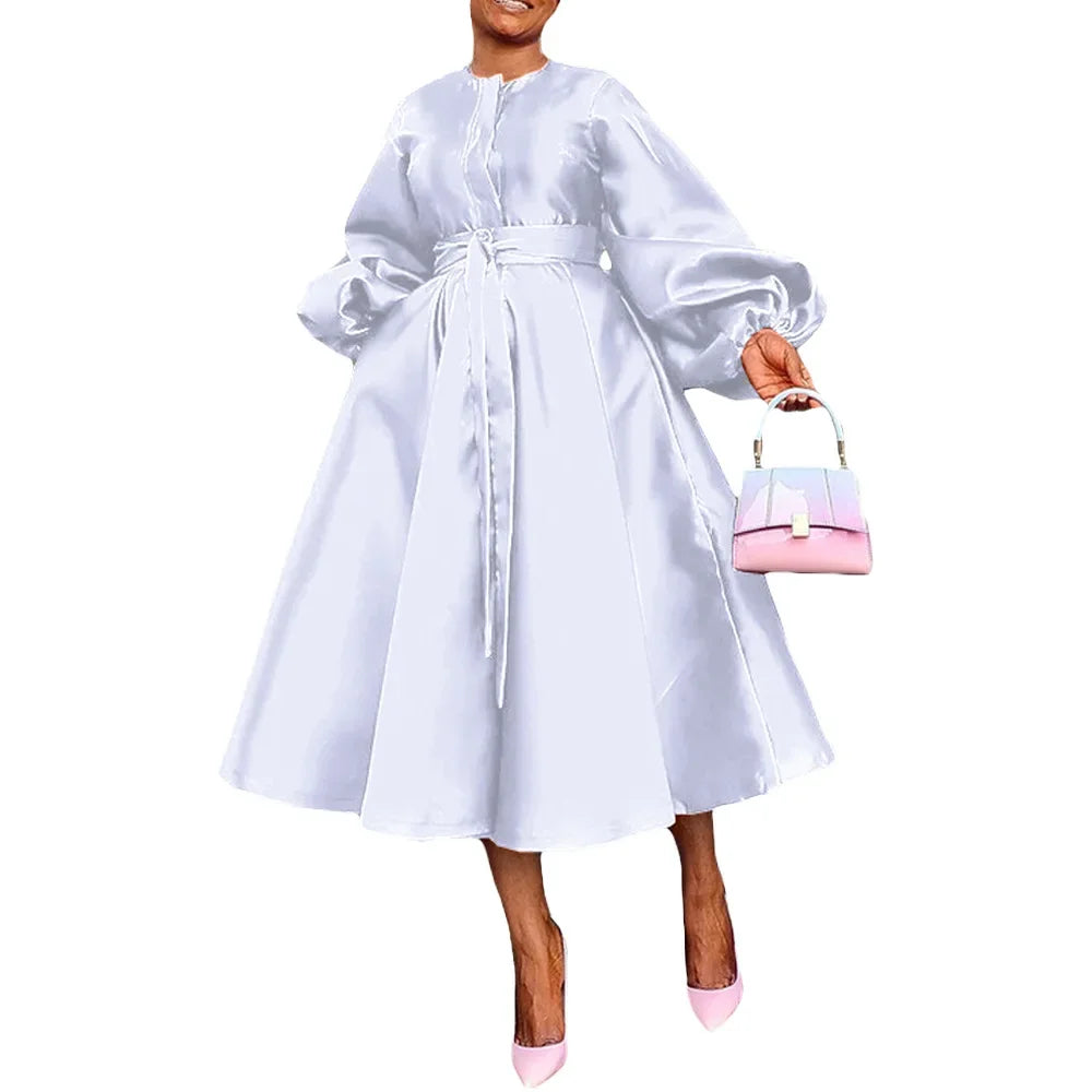 Satin Puff Sleeve Evening Dress for Women Pleated A-Line Round Neck Elegant Party Midi Dress with Belt