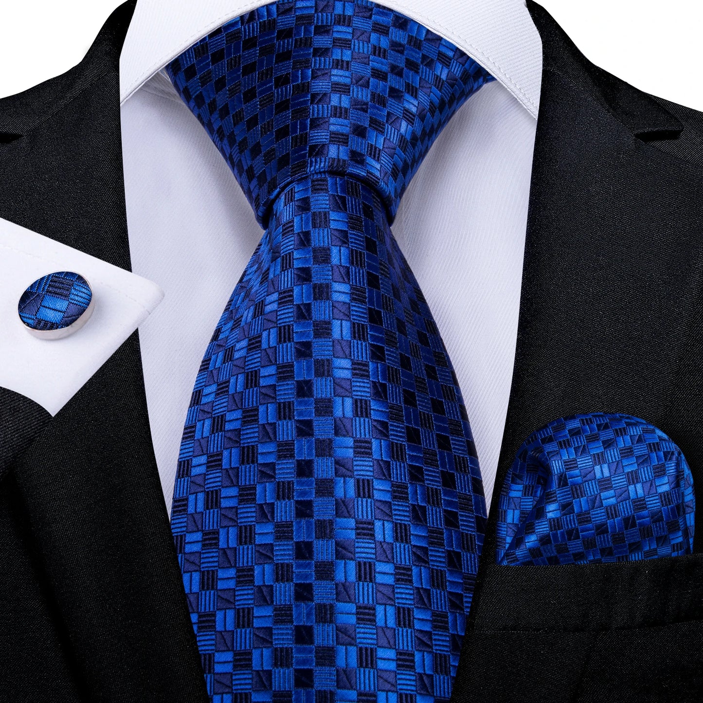 New Classic 100% Silk Men's Ties 8cm Blue Plaid Dot Striped Business Necktie Handkerchief Wedding Party Tie Set