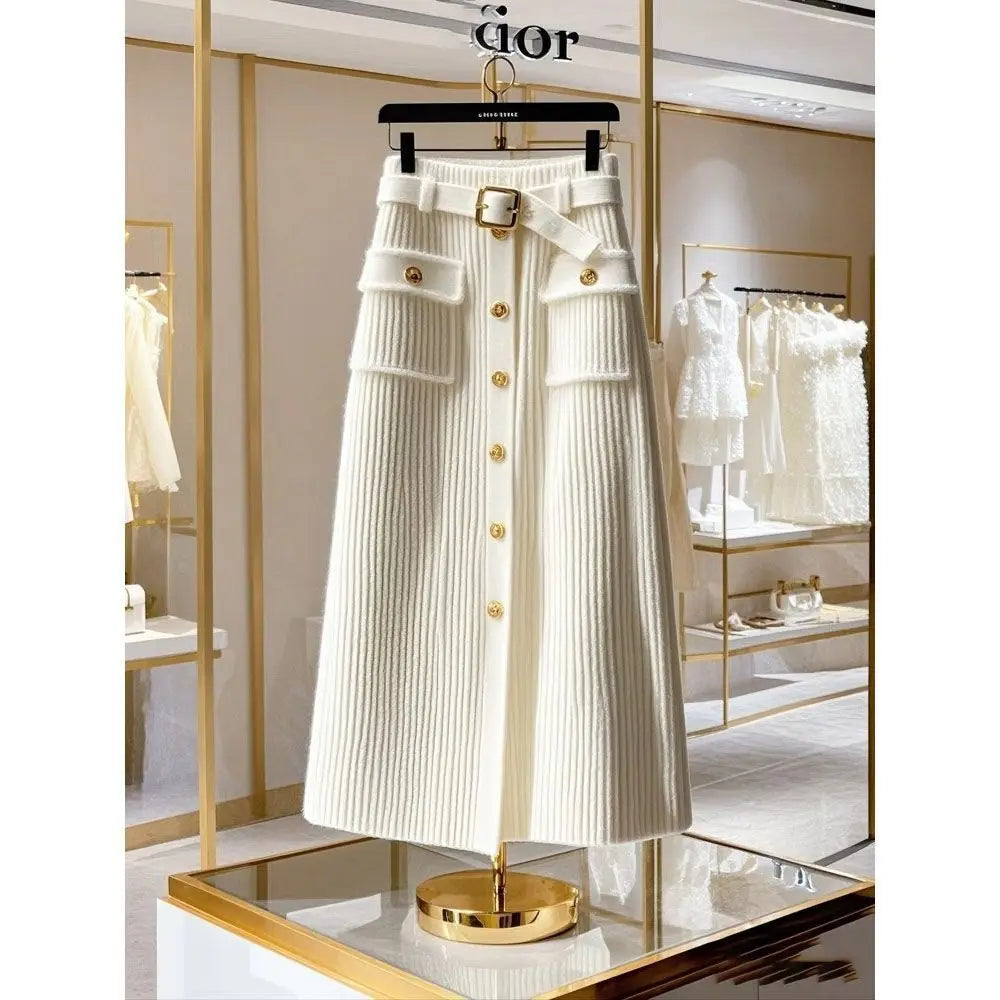 Autumn/Winter Women Outfit White Skirts Knitted Cardigan Sweater A-line Long Skirt Two Piece Set