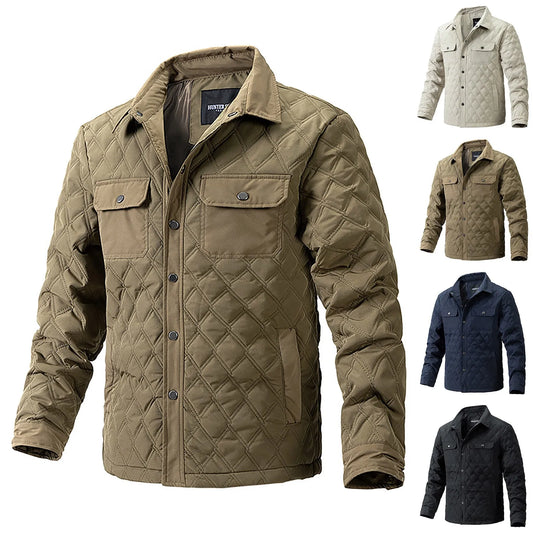 Men's Warm Diamond Plaid Padded Double Pocket Lapel Fleece Fluffy Jacket