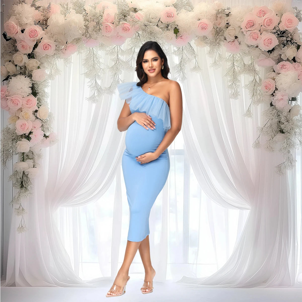 Maternity One-Shoulder Mesh Ruffled Collar Midi Dress for Party Baby Shower Photoshoot