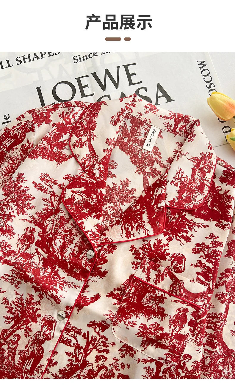 Red Sexy Pajamas Set Lapel Shirt & Pants for Lady Summer Spring 2Pcs Nightwear