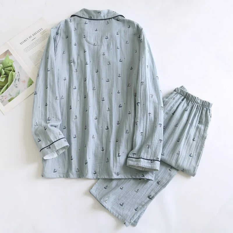 100% Cotton Gauze Men's Pajama Set Breathable Long Sleeve Sleepwear Button Down Loungewear with Nautical Print Soft Homewear