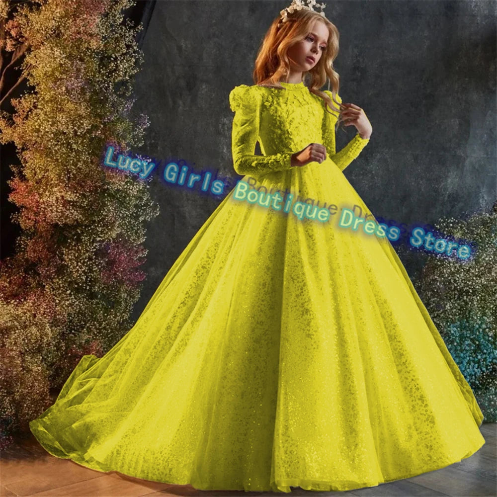 Luxury Sequins Flower Girl Dress For Wedding Party Baptism Birthday Gowns Tulle High Neck