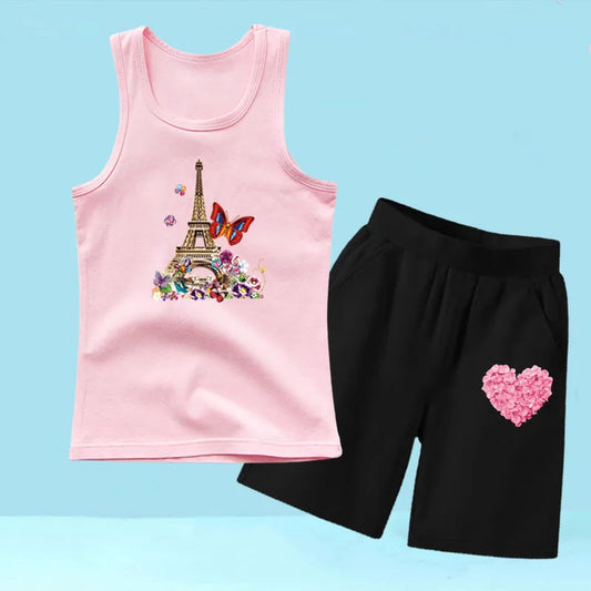 Summer Girls 2PCS Vest Set Perfume Bottle Print Sleeveless Top and Shorts