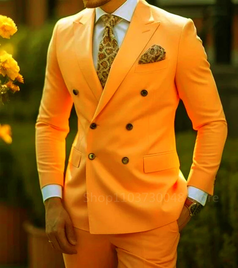 Solid 2 Pieces Men Suits Set Formal Business/Wedding Groom Suits Peak Lapel Double Breasted Blazer Trousers
