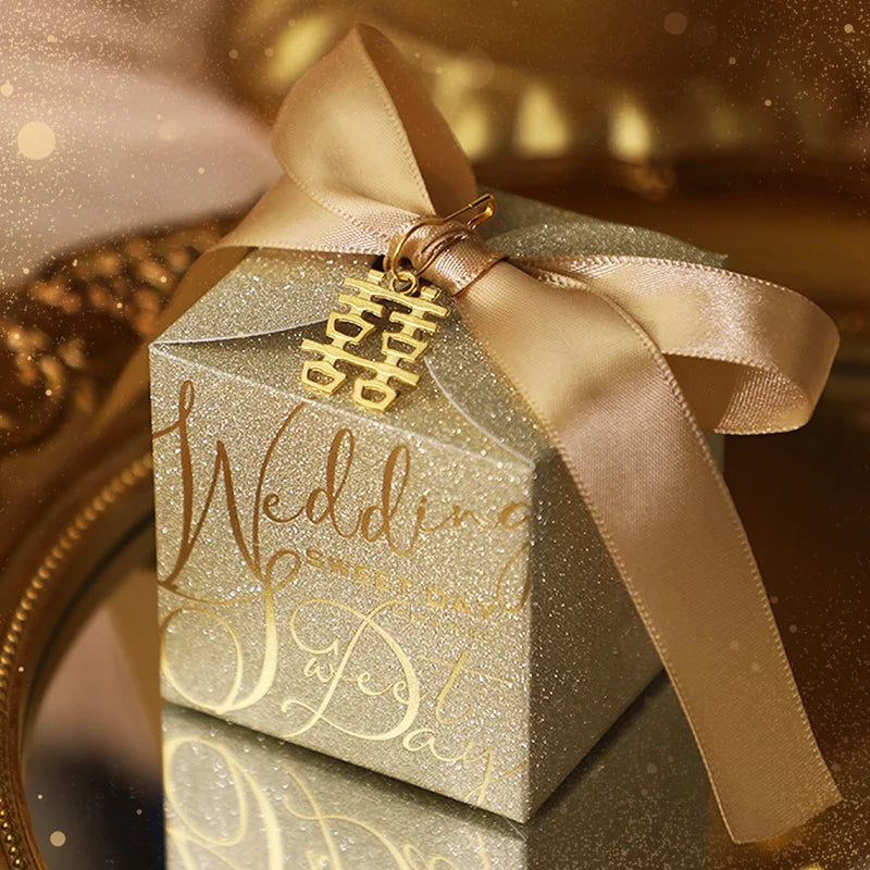 New Wedding Candy Box With Pearl Ribbon Bow High-End Gift Chocolate Box High Quality Glitter Powder Shell Gift Box