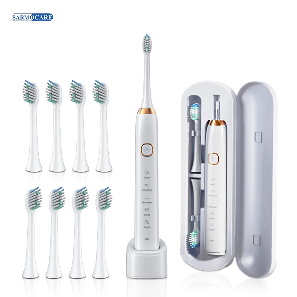 Electric Sonic Toothbrush 8 Brush Heads Smart Ultrasonic Dental Teeth Whitening Rechargeable Adult Tooth Brush Sarmocare S100
