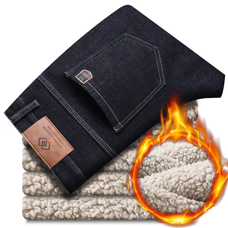 Brand Winter Warm Fleece Jeans Men's Thick Thermal Casual Straight Denim Pants Male Business Work Stretch Trousers