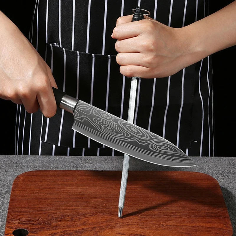 Damascus Kitchen Utility Set Knives Scissors Sharpening Rod Slicing Chef knife Stainless Steel