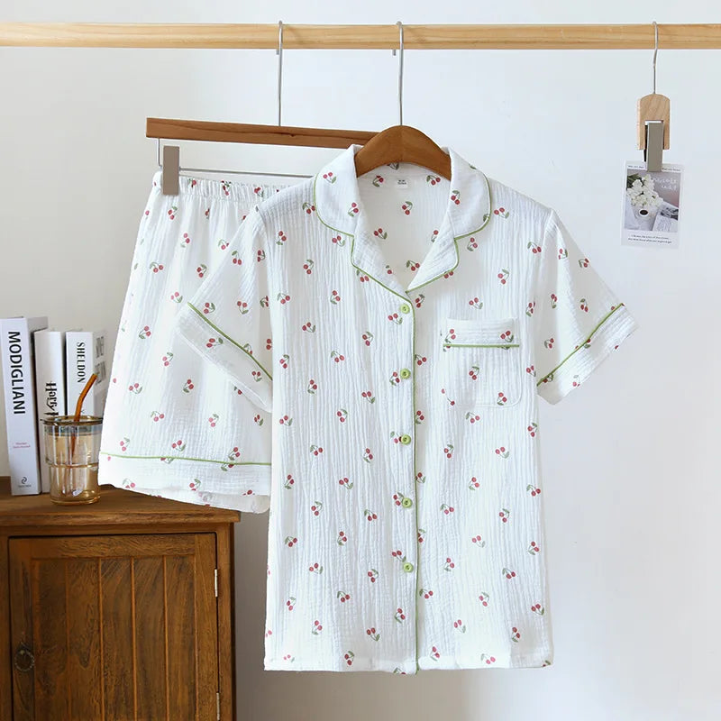 Summer pajamas short-sleeved shorts two-piece cotton crepe