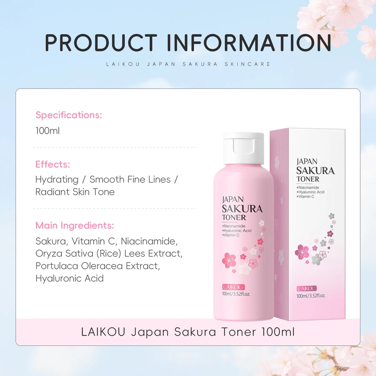 LAIKOU Japan Sakura Toner with Niacinamide Hyaluronic Acid Vitamin C 100ml - Moisturizing Refreshing Gentle