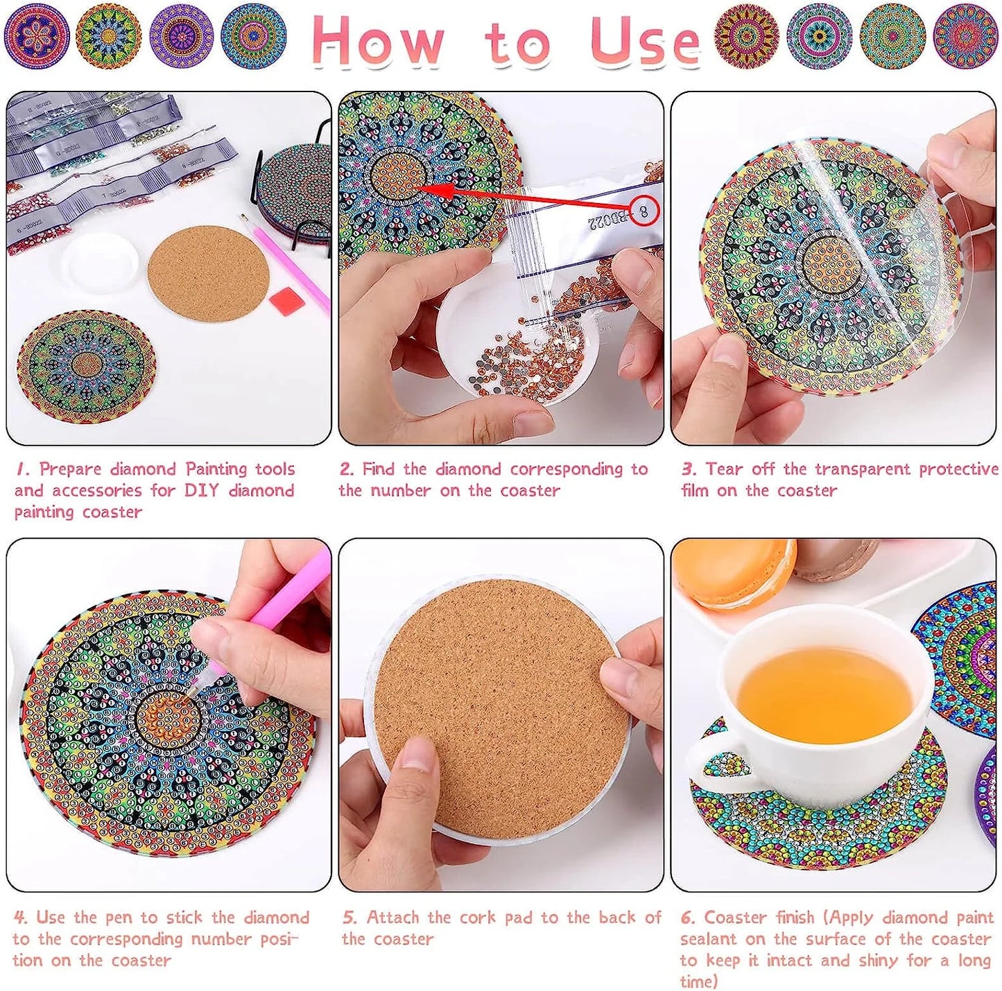 8-piece Set of DIY Diamond Painted Coasters with Mandala Pattern and Complimentary Cup Holder