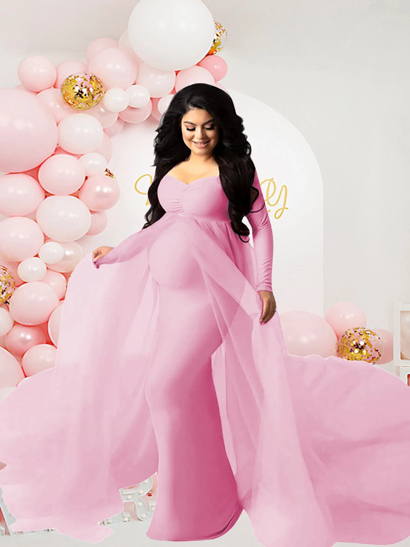 Maternity Long Sleeved Floor Length Mesh Dress