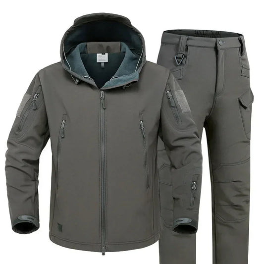 Men's Winter Thick 2 Piece Suit Hooded Jacket Fleece & Pants Waterproof Multi-pockets