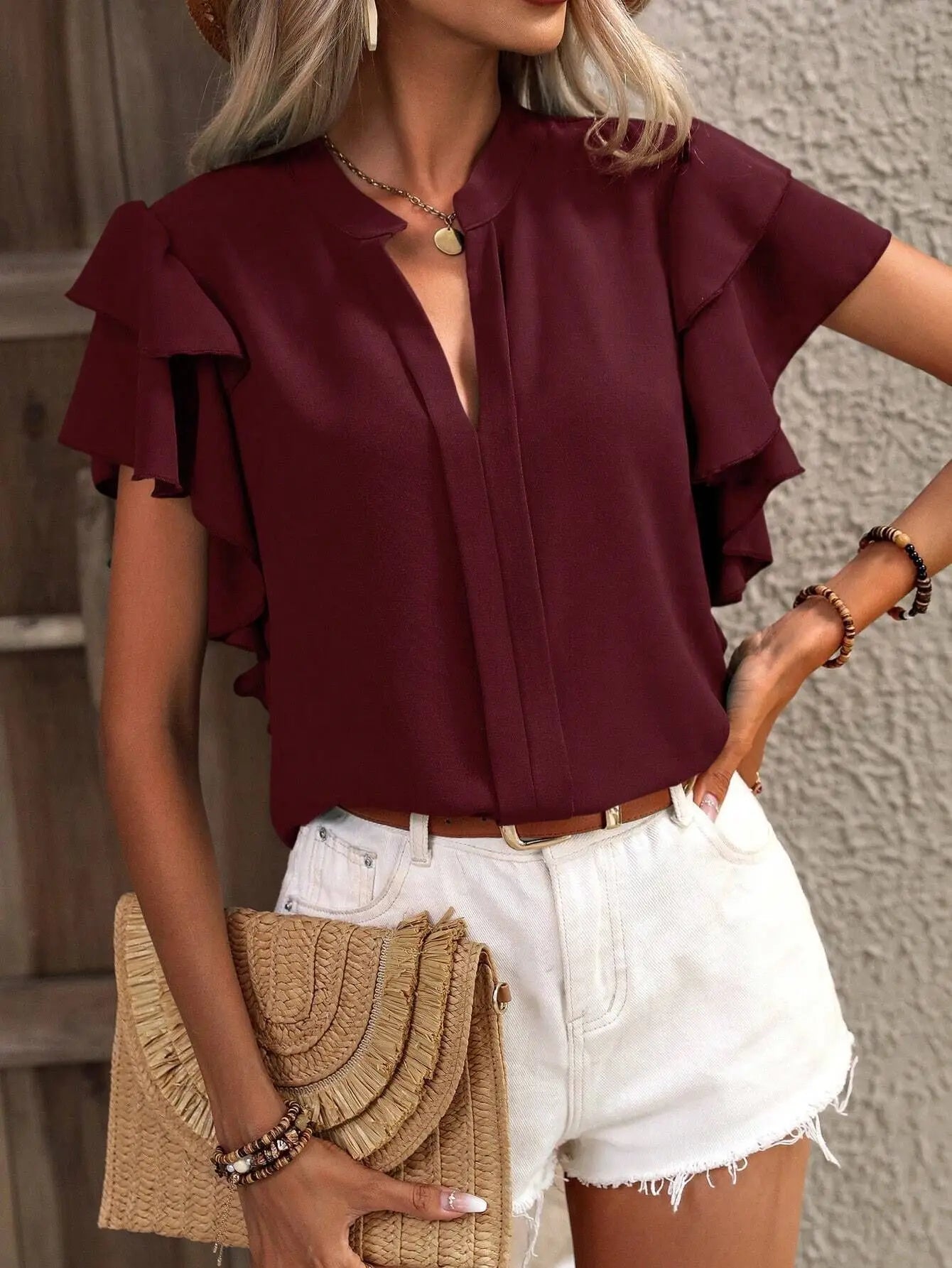 Elegant Women Summer Blouse V-neck Casual Double Layered Ruffle Sleeves