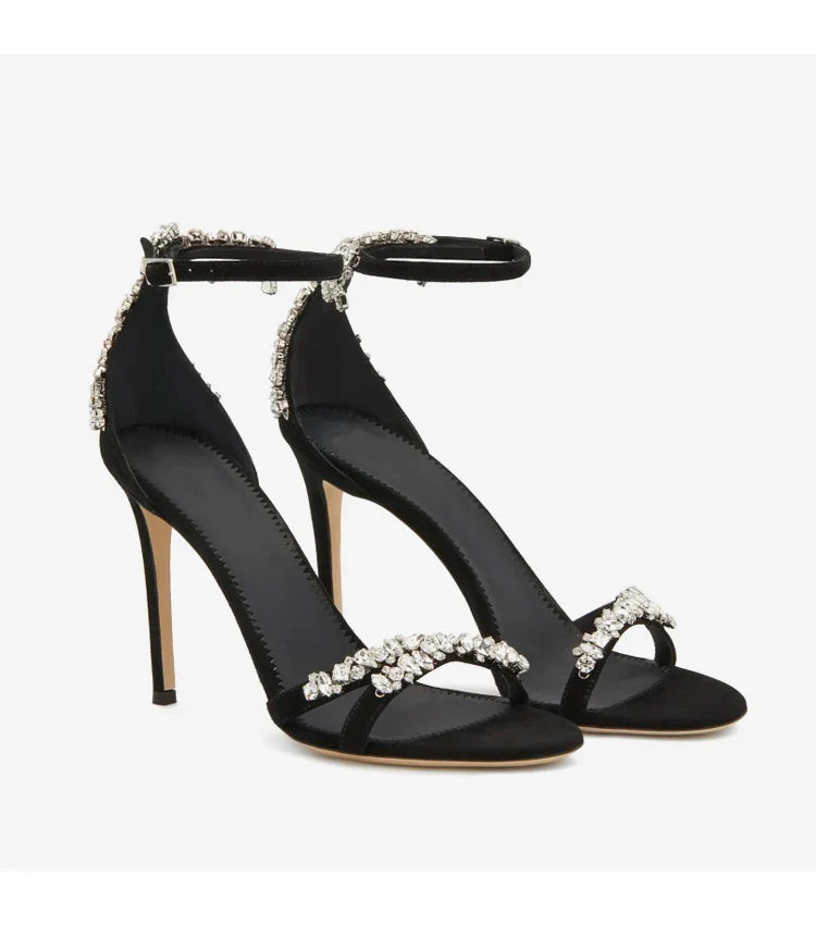 Black High Heels Women's Stiletto Heels Celebrity Style Versatile Slotted Buckle Rhinestone Open Toe Round Toe Sandals