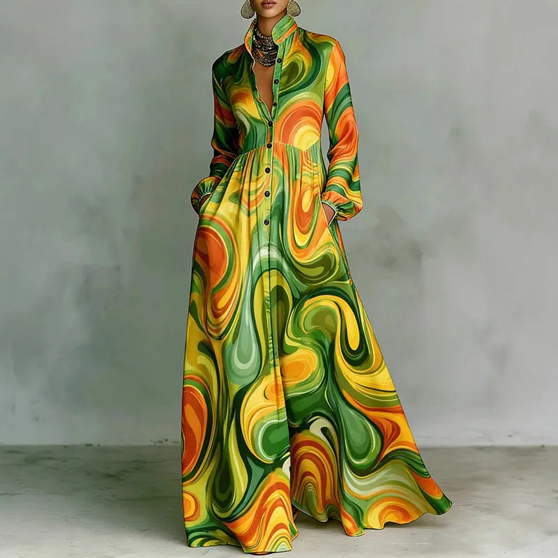 Retro Pattern Print High Waist Pleated Women Boho Dress Spring Shirt Collar Button Pockets Maxi Dress Long Sleeve