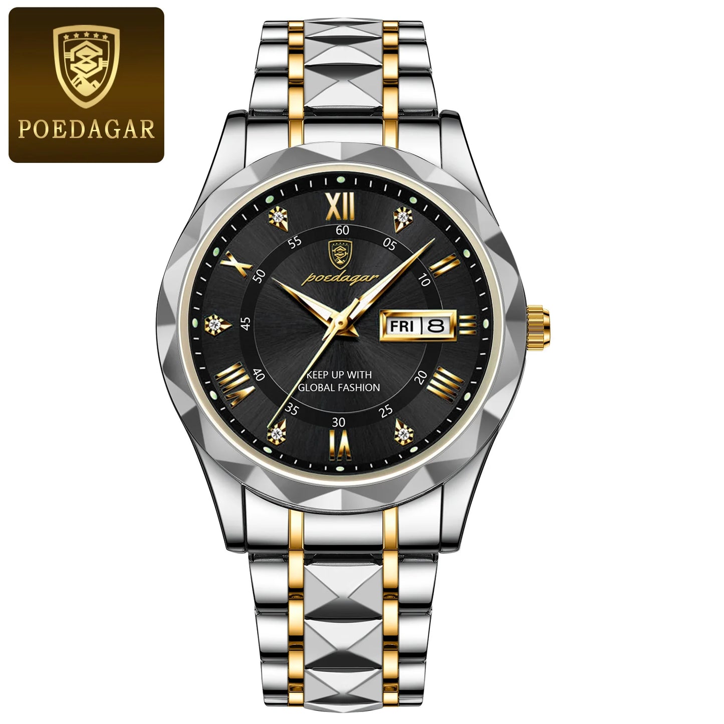 POEDAGAR Top Brand Luxury Men's Waterproof Stainless Steel Quartz Watch Luminous Calendar Week