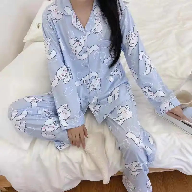 Hello Kitty 2Pcs Pajamas Set for Women Long Sleeve Tops Pants Loungewear