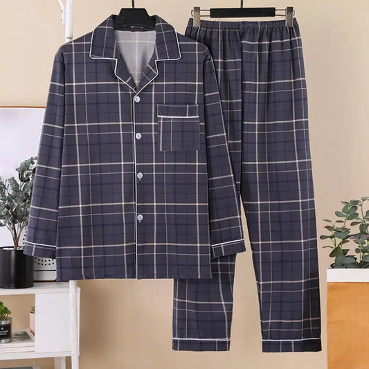 2Pcs Men Pajamas Set Lapel Long Sleeve Single Breasted Tops Elastic Waist Long Pants Comfortable Sleep Set Plaid Print Sleepwear