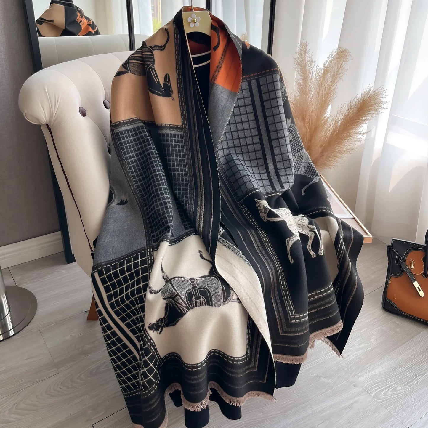 Luxury Women Thick Winter Cashmere Scarf Horse Print Warm Pashmina Poncho