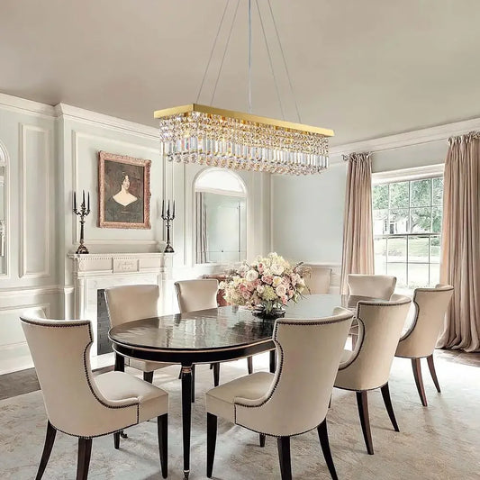 Modern Rectangular Gold Crystal Chandelier Pendant Light Fixture Dining Kitchen Island E12 Bulb 8-Light Adjustable Chain