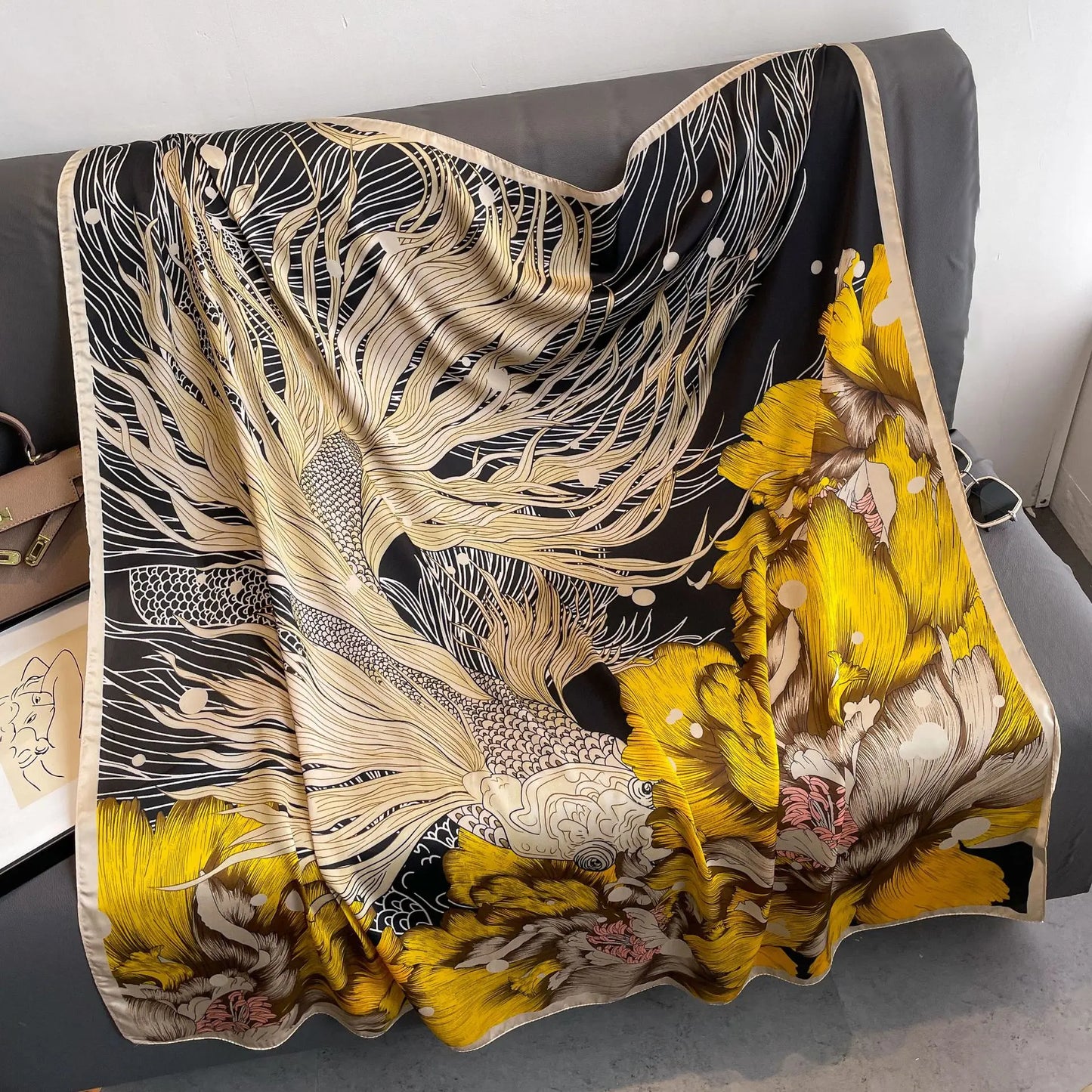 Luxury Horse Print Square Scarf Vintage Imitation Silk Shawl Scarf  Women Windproof Outdoor Head Wrap 110*110cm