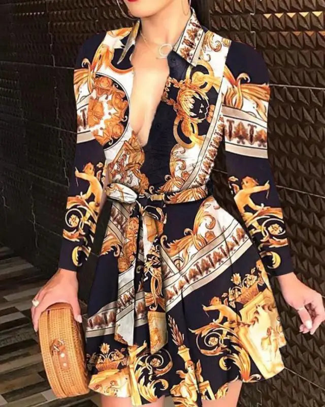 Elegant Casual Long Sleeved Dress With Buttons and Lapels