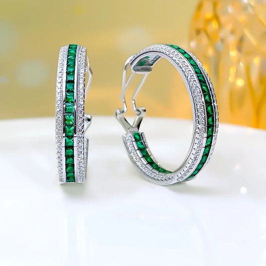 Luxurious Lab Emerald 925 sterling silver earrings inlaid with high carbon diamonds
