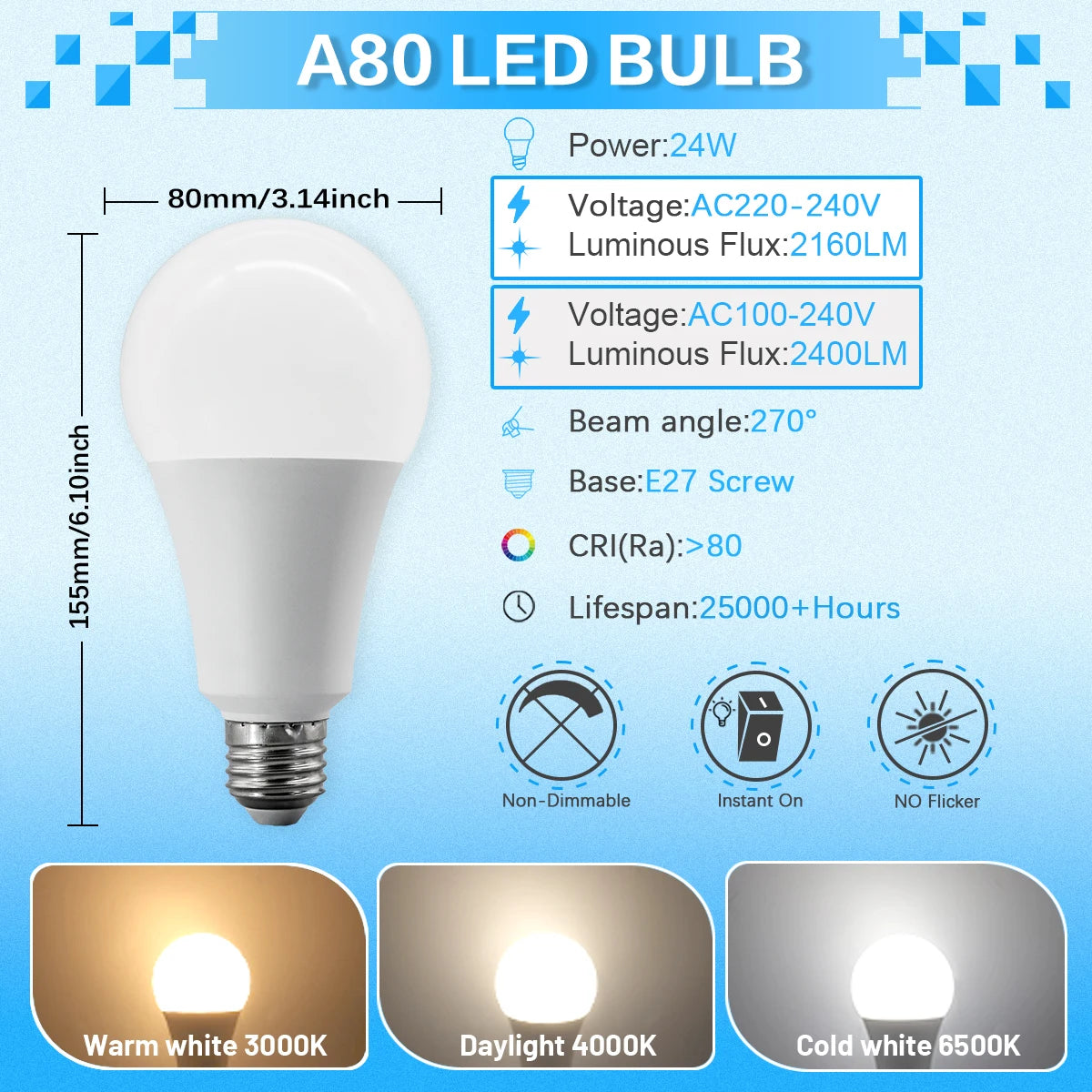 10PCS Lampara LED Bulb Lamps 8W-24W E27 Light Bulbs AC 220-240V 110V 120V Daylight Lighting A60 A80 for Home Foyer BedRoom Decor