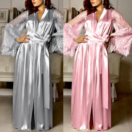 Women Satin Silk Embroidery Long Nightgown