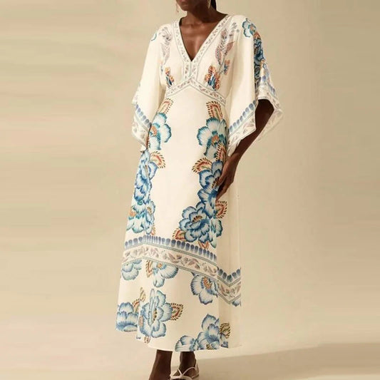 Summer Tropical Plant V-Neck Bohe Elegant Half Sleeve Loose Party Dress A-line