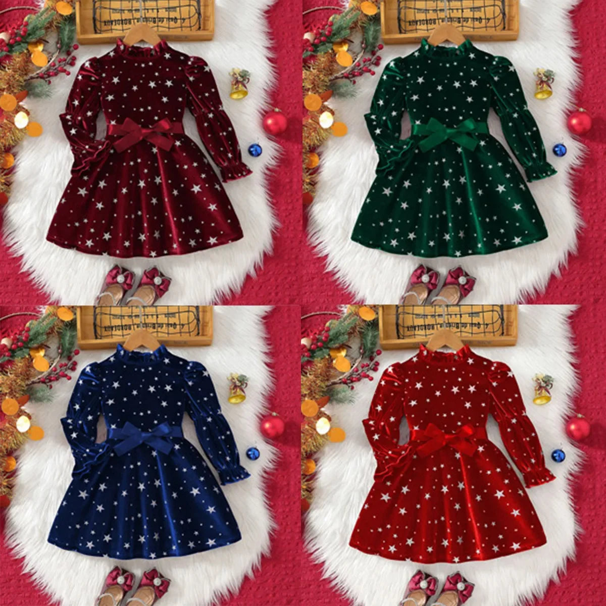 Girl Christmas Star Print Velvet Dress Ruffle Neck Puff Long Sleeve Belted Kids Party Dress