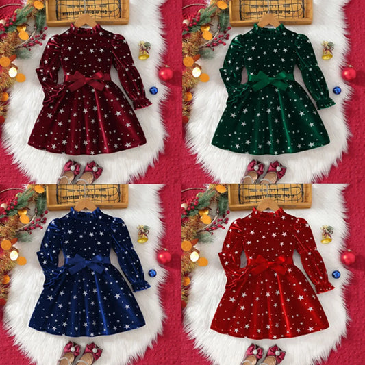 Girl Christmas Star Print Velvet Dress Ruffle Neck Puff Long Sleeve Belted Kids Party Dress