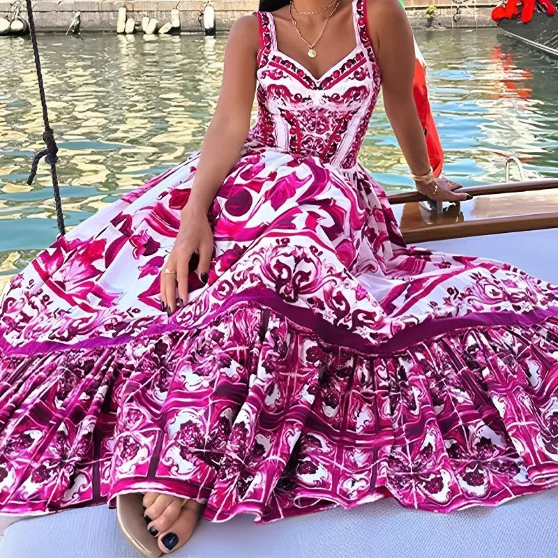 Elegant Summer Bohemian Sling Print Sleeveless A-line Long Dress