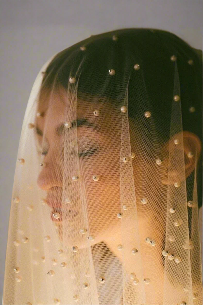 Pearls Bridal Veil 2 Tiers Blusher Wedding Veil Face-Covered With Comb White/Ivory Cathedral 300cm