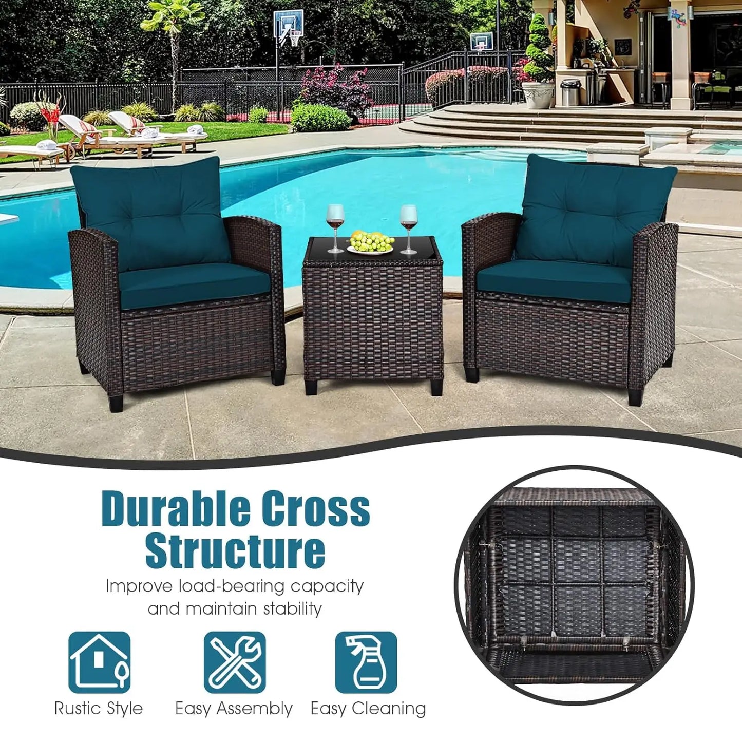 3 Pieces Patio Furniture Set, PE Rattan Wicker 3 Pcs Outdoor Sofa Set w/Washable Cushion and Tempered Glass, Customized