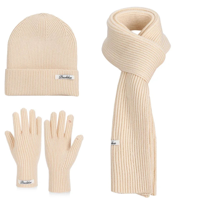 Winter Warm Knitted Hat Scarf Gloves Women's Windproof Three-piece Set