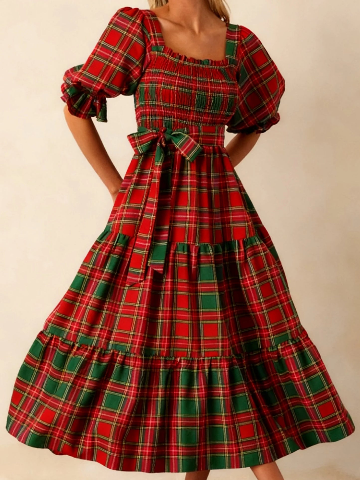 Christmas Classic Plaid Print Square Neck Puff Sleeve A Line Long Dress with Bow Decor Club Party Dresses