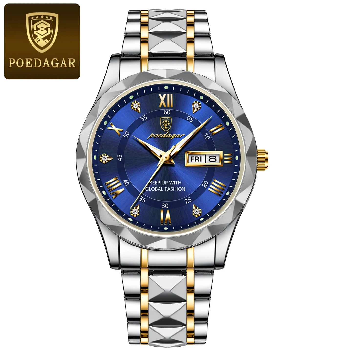 POEDAGAR Top Brand Luxury Men's Waterproof Stainless Steel Quartz Watch Luminous Calendar Week